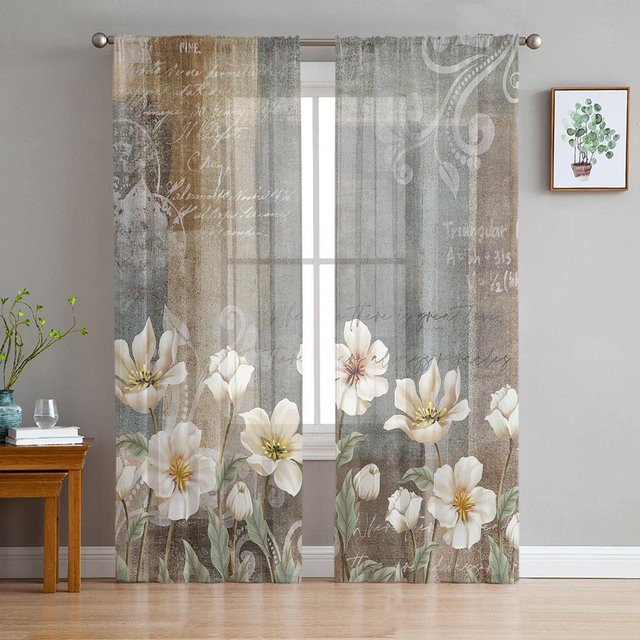 Transparente Organza-Vorhänge mit floralem Retro-Blumenmuster in Grau, Breite: 135 cm, Höhe: 115 cm - Bild 1