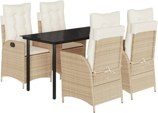 vidaXL 5-teilige Garten-Essgruppe aus Poly Rattan in Beige und Cremeweiß mit Glasplatte und Kissen - Bild 1