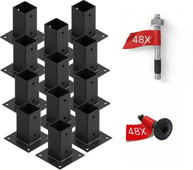 HOLLMAX Pfostenträger Set 12 Stück Aufschraubhülse für Vierkantpfosten, Farbe Schwarz Matt, 71 mm - Bild 1