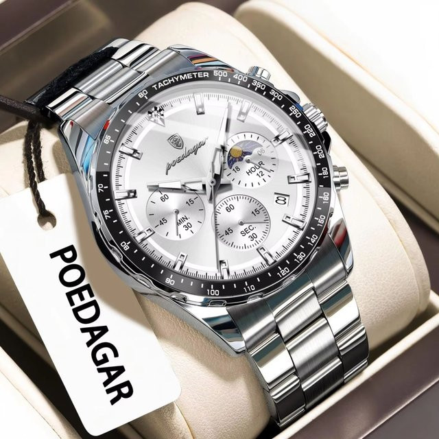 POEDAGAR Chronograph Armbanduhr, Quarz, Edelstahl, Silber, Herren - Bild 1