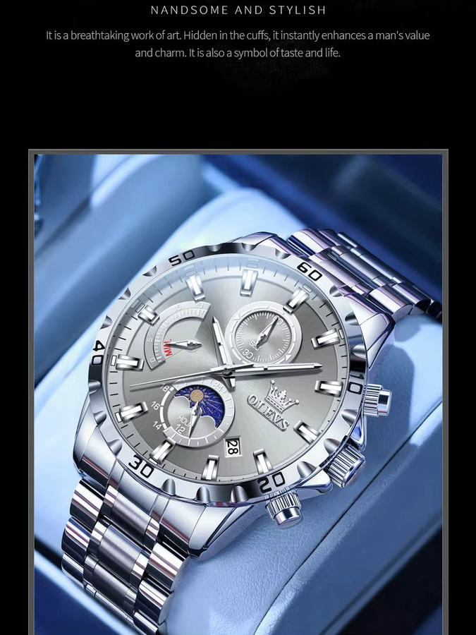OLEVS Chronograph Armbanduhr Edelstahl, Quarz, 45,5 mm, Herren - Bild 7