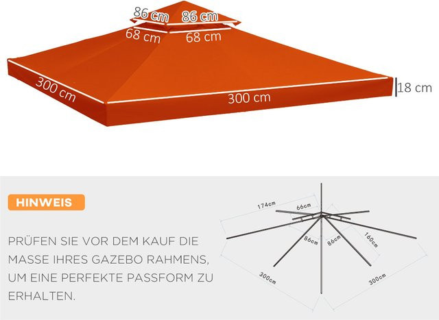 Wetterfestes Polyester-Ersatzdach für Metall-Pavillon in Rostrot, 3 x 3 m - Bild 1