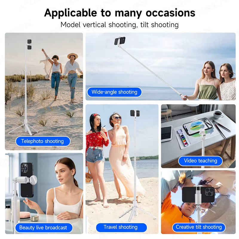 Axnen Selfie-Stick-Stativ in Weiß mit Bluetooth-Gimbal und magnetischer Fernbedienung, tragbares All-in-One Smartphone-Stativ, Höhe: 177,8 cm - Bild 2