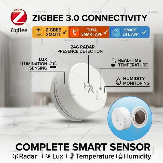 Tuya Zigbee Anwesenheitssensor mit 24GHz mmWave Radar, Temperatur- und Luftfeuchtigkeitserkennung sowie Lichterkennung, Farbe: Weiß - Bild 1