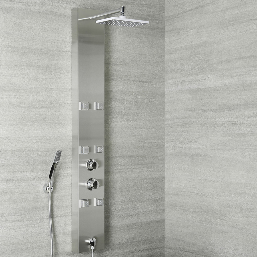 Hudson Reed Duschpaneel Easton aus Edelstahl in Brushed Steel mit thermostatischem Regler, verstellbarem Regenduschkopf, Körperdüsen und Handbrause - Bild 1