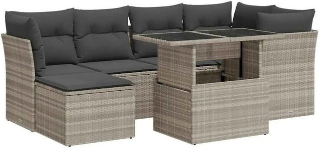 vidaXL 7-teilige Garten-Sofagarnitur in L-Form aus Poly-Rattan mit hellgrauen Kissen und pulverbeschichtetem Stahlgestell - Bild 1