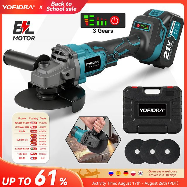 YOFIDRA Bürstenloser Winkelschleifer 125 mm mit 3 Gängen, kabellos, 21 V, kompatibel mit Makita LXT, zum Schleifen, Polieren und Schneiden von Metall und Holz - Bild 1