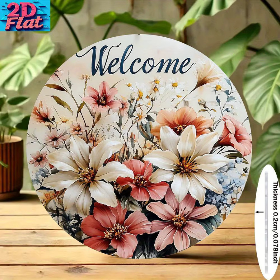 Potdemiel Florale Willkommens-Wanddekoration aus Metall, runde Wandplatte mit Blumenmotiv, Durchmesser: 20 cm, Mehrfarbig - Bild 5