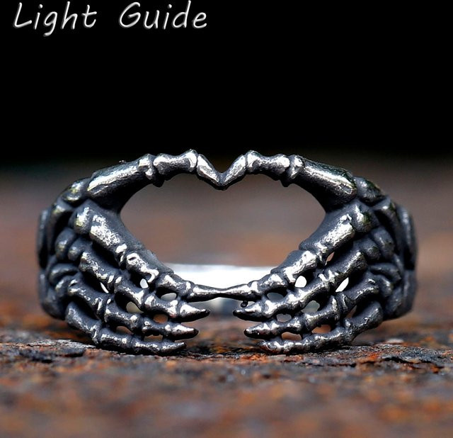 Ring Edelstahl, Schädel Hand Herz, Silber, Unisex - Bild 1