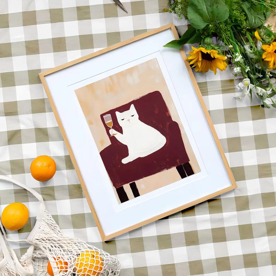 Matisse Stil Wandkunst Champagner-Katze als Poster in Rot und Burgunder für deine Neujahrs- und Winterdekoration - Bild 2