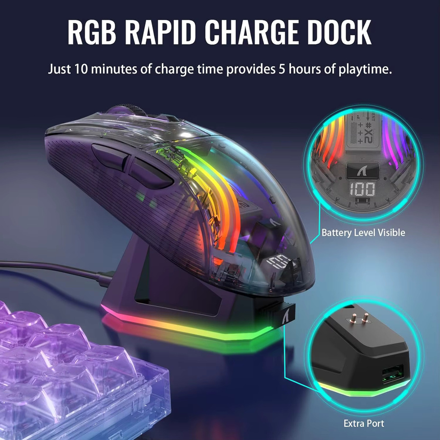ATTACK SHARK X2 Pro Tri-Mode-Gaming-Maus mit RGB-Ladestation, transparentes Gehäuse in Weiß, PixArt 3212 Sensor und bis zu 4000 DPI - Bild 3