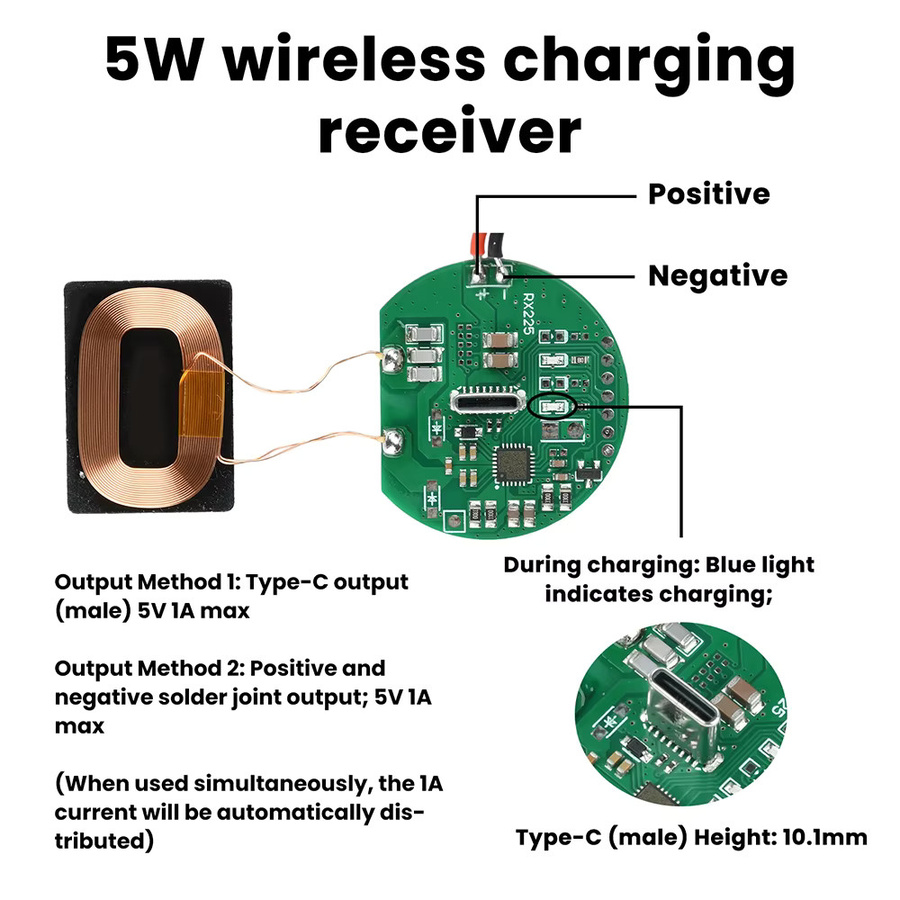Aideepen 5W Drahtloses Ladeempfänger Modul mit USB-C Anschluss und Spule für DIY Projekte - Bild 2