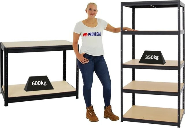 PROREGAL Set aus Schwerlastregal Slim Elephant und höhenverstellbarer Werkbank Slim Dino, Schwarz, H: 180 cm, B: 90 cm, T: 60 cm & H: 90 cm, B: 120 cm, T: 60 cm - Bild 1