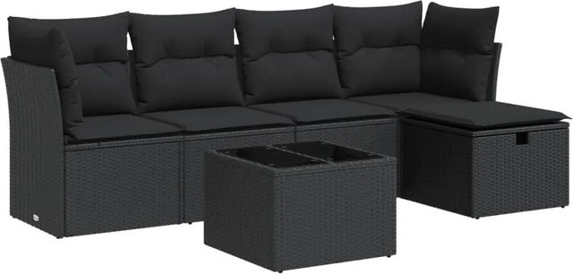 vidaXL 6-teilige Garten-Sofagarnitur aus Poly-Rattan mit Kissen in Schwarz - Bild 1