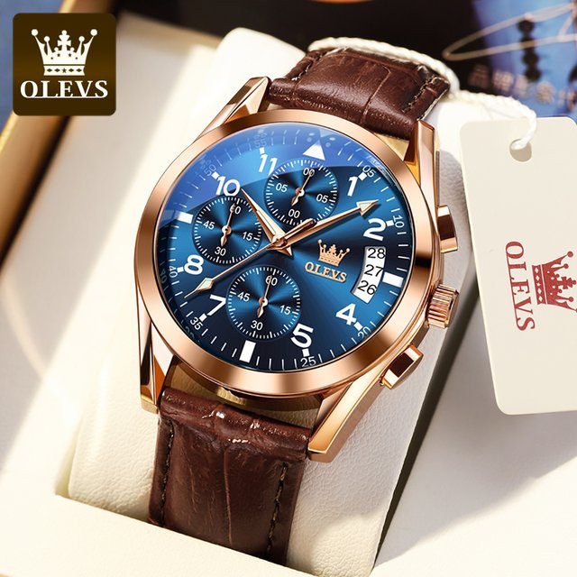 OLEVS Chronograph Armbanduhr, Quarz, Leder, Herren, Blau, Roségold - Bild 1