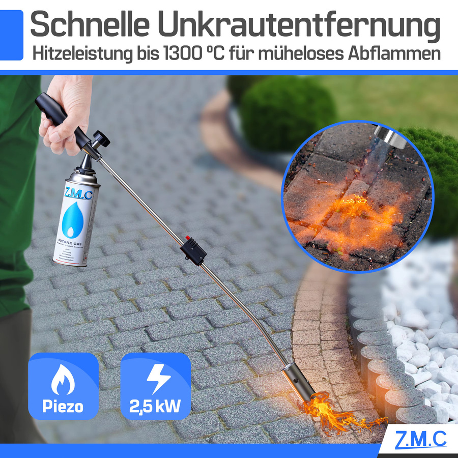 ZMC Unkrautbrenner 2,5 kW mit Piezo-Zündung und Abflammgerät in Silber, geeignet für Garten und Hof, verwendbar mit 227g Gaskartuschen - Bild 2