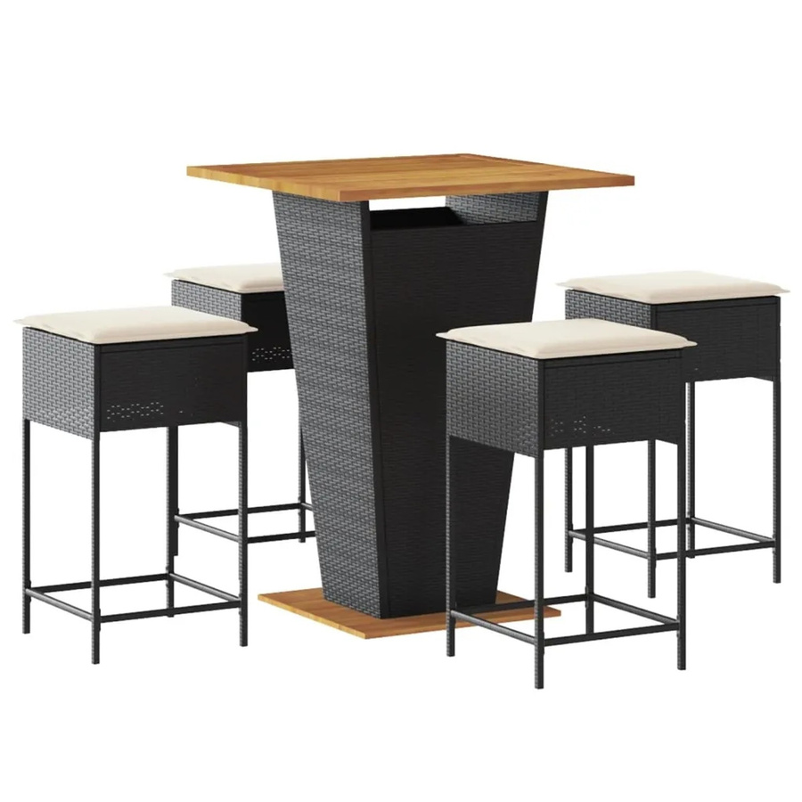 vidaXL 5-tlg Gartenbar-Set in Schwarz aus PE-Rattan und Akazienholz mit wetterfesten Kissen - Bild 2