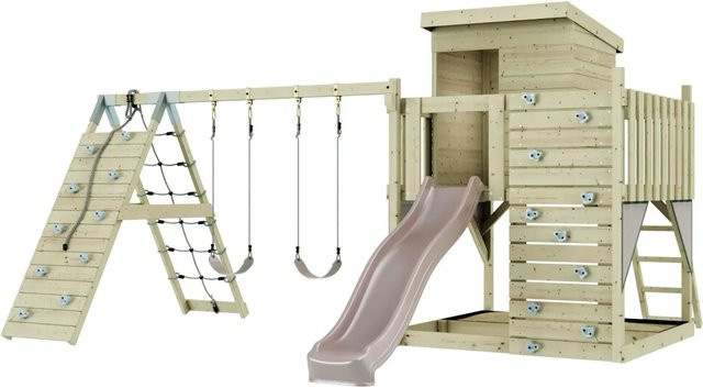 PolarPlay Spielturm Frida aus Holz mit Kinderschaukel und Rutsche in Altrosa und Mehrfarbig - Bild 1