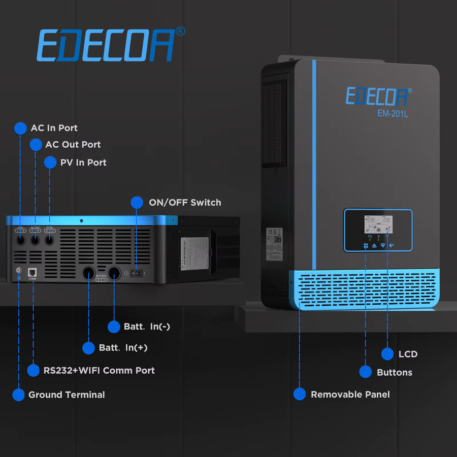 EDECOA Solar-Hybrid-Wechselrichter 2000 W mit MPPT 60 A Solarladegerät, reiner Sinus, 12 V auf 220 V/230 V, PV 20 V-150 V - Bild 2