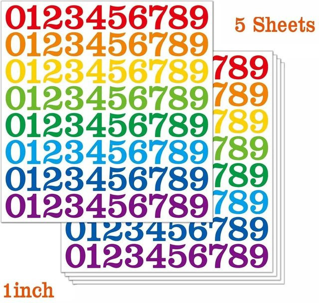 Binchi Arabische Zahlen Aufkleber aus wasserfestem Vinyl, 5 Blatt, 1 Zoll, selbstklebend und abnehmbar, Mehrfarbig - Bild 1