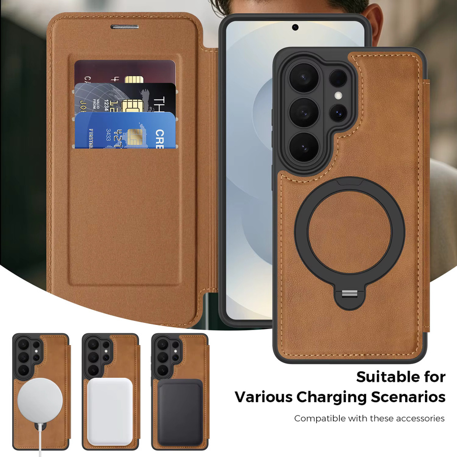 Magnetisches Flip Case für Samsung Galaxy S26 S25 Ultra S24 Plus S23 FE S22 in Braun mit Kartensteckplätzen und Kickstand für kabelloses Laden - Bild 3