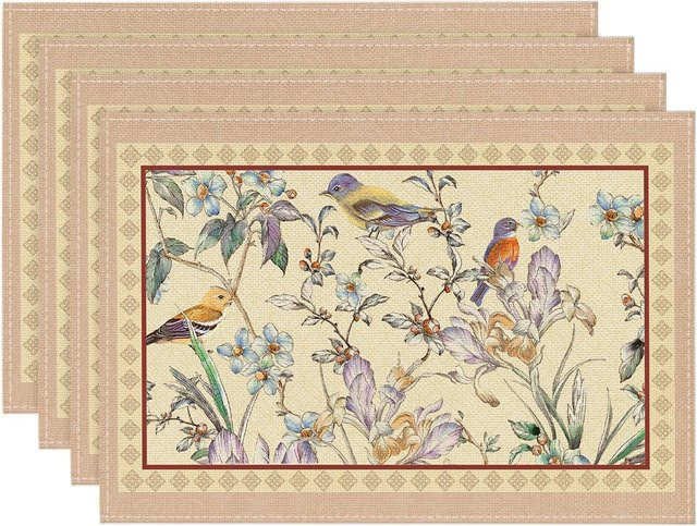 JF TableLinen Platzset Set aus 4 Stück mit blauem Vogel- und Blumenmuster, rechteckig, Leinen, B/H: 30,48 x 45,72 cm - Bild 1