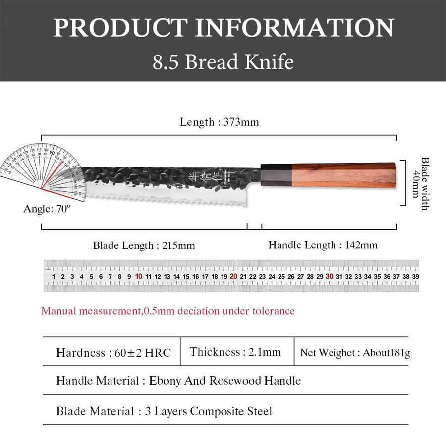 TUEWHO Brotmesser aus geschmiedetem Edelstahl, 21,59 cm, Silber - Bild 6