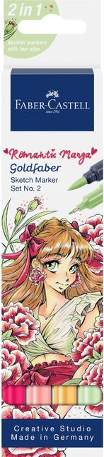 Faber Castell Goldfaber Sketch Marker Romantic Manga Set mit 4 Brush und Fine Spitzen in Multicolour (Karmin Rosa, Koralle, Terracotta, Helles Erdgrün) - Bild 1