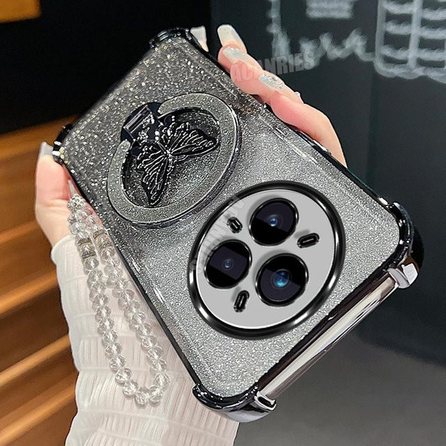 Realme 14 Pro Plus Schmetterling Handyhülle mit Lanyard und Ständer, transparent/silber, stoßfeste Silikon Hülle für Realme 14 Pro+ - Bild 1