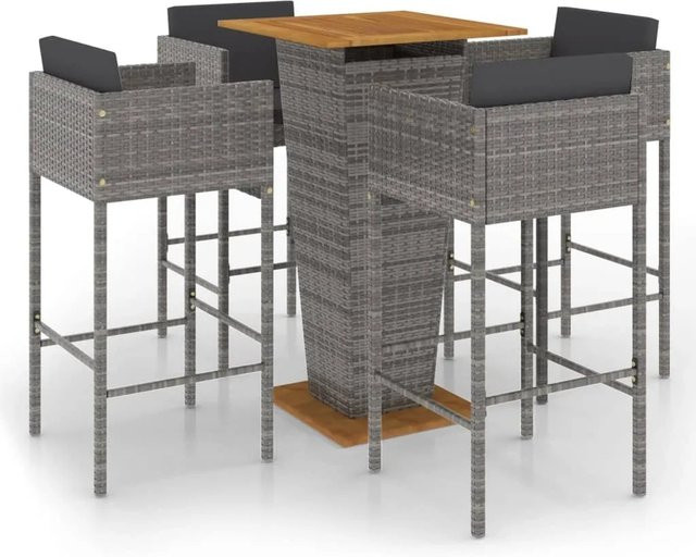 vidaXL 5-tlg Gartenbar-Set aus Poly Rattan und massivem Akazienholz in Grau mit Kissen - Bild 1