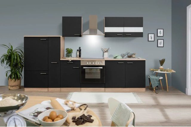Respekta Küchenzeile KB300ESSC in Schwarz-Eiche Sägerau Nachbildung mit Soft-Close-Türen und Glaselementen, Breite: 300 cm - Bild 1