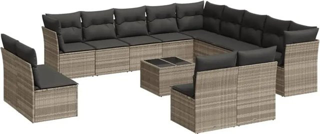 vidaXL 14-teilige Garten-Sofagarnitur aus Polyrattan mit Kissen in Hellgrau - Bild 1