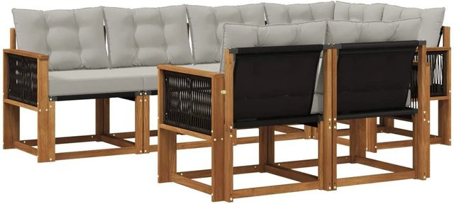 vidaXL Outdoor-Sofagarnitur L-Form aus massivem Akazienholz mit 7 Kissen in Natur und Hellgrau - Bild 1