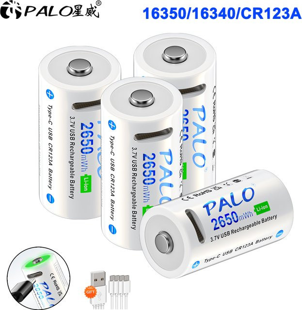 PALO CR123A Li-Ionen-Akku Set mit Typ-C-Ladekabel, 3,7 V, 2650 mWh, passend für 16340 und 16350 Batterien für LED-Taschenlampen und Laserpointer - Bild 1