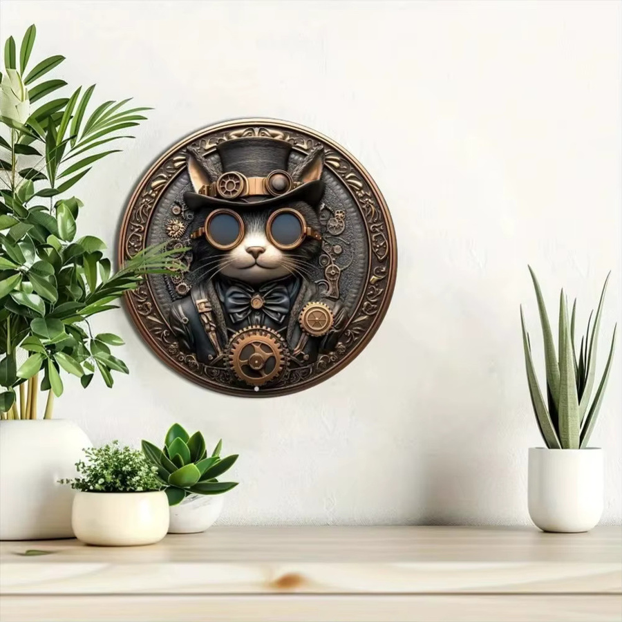 Steampunk-Katze Wandkunst aus Metall von Potdemiel, rundes Blechgemälde in Multicolour - Bild 4