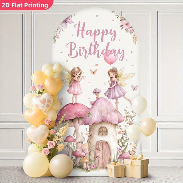 VIKAMA Feen-Pilzhaus Bogenhintergrund mit Schmetterlingen und Blumen, Stretch-Banner für Mädchen-Geburtstagspartys, Mehrfarbig, Breite: 120 cm, Höhe: 50 cm - Bild 1