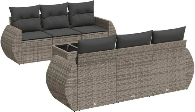 vidaXL 7-tlg Garten-Sofagarnitur aus Polyrattan in Grau mit Kissen und Tisch - Bild 1