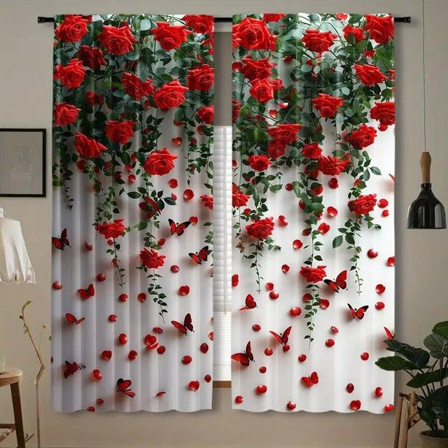 2er-Set Yiran Furniture Vorhänge mit floralem Rosenrot-Druck, halbtransparent, Polyester, B/H: 35 x 120 cm - Bild 1