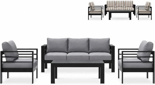 MeXo Gartenmöbel Set für 5 Personen aus pulverbeschichtetem Aluminium in Schwarz mit gestreiften Polsterkissen in Khaki, Beige und Grau - Bild 1