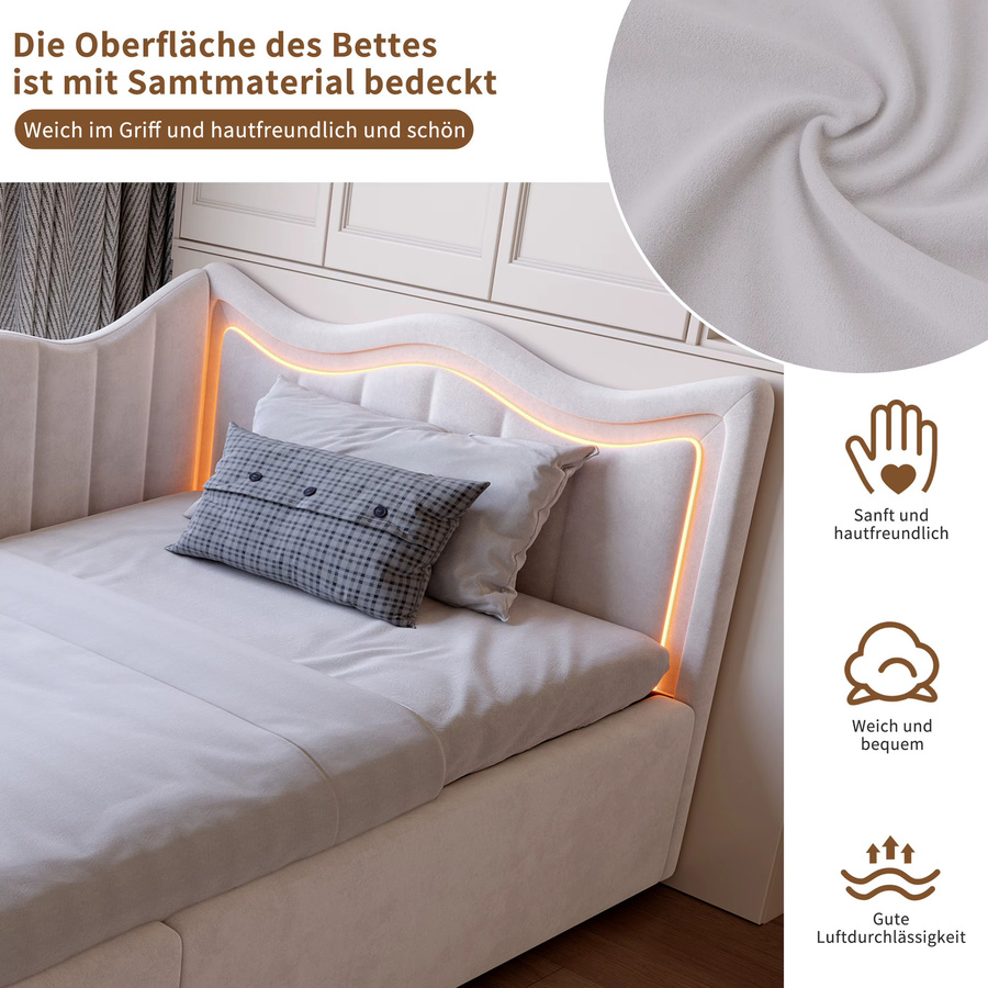 Polstersofa-Bett in Beige mit LED-Unterbettbeleuchtung und Lattenrost, modernes Tagesbett als Doppelbett für Jugendzimmer und Schlafzimmer, B/T/H: 140 x 200 cm - Bild 4
