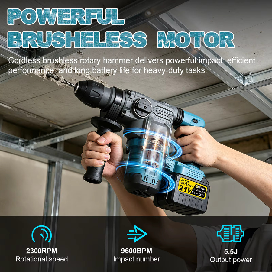 Gisam Bürstenloser Elektrohammer mit 2 Modi, Hochleistungs-Bohrhammer für Makita 18V Akku, Blau - Bild 3