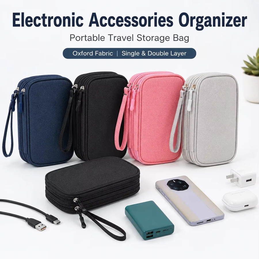 Tragbare Kabelorganizer-Tasche aus Oxford-Gewebe in Grau für Elektronikzubehör, Powerbank und Festplatte - Bild 2