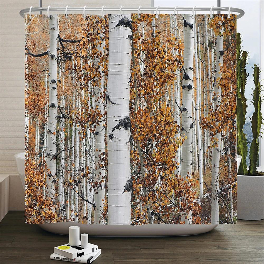 Baifenbai Home Furnishing Duschvorhang Naturlandschaft Birkenwald aus Polyester, Wasserdicht, Mehrfarbig, B: 90 cm, H: 180 cm - Bild 2