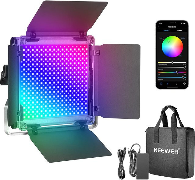 NEEWER 660PRO RGB LED-Videoleuchte in Schwarz mit 50W Leistung, APP-Steuerung und 360 Grad Vollfarb-Beleuchtung sowie CRI 97 und Barndoor- sowie U-Form-Blendenunterstützung - Bild 1