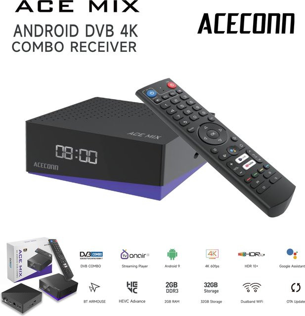 ACECONN ACEMIX Android 9 TV-Box mit 2GB RAM und 32GB Speicher, DVB-S2/T2/C Satellitenreceiver, Dual-WLAN und Bluetooth in Schwarz - Bild 1