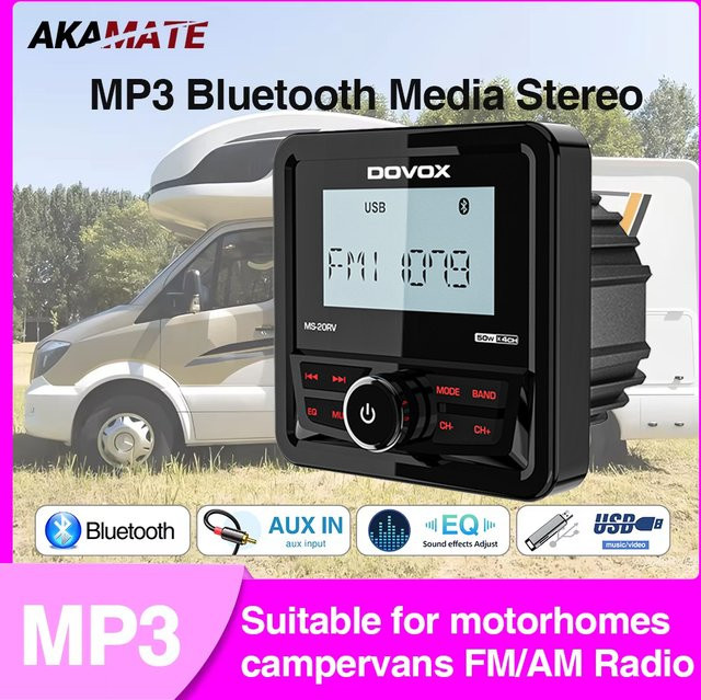 AKAMATE Bluetooth Autoradio mit 200W Stereo MP3 Media Player, USB, AUX und EQ für Wohnmobil, UTV, ATV und Marine in Schwarz - Bild 1
