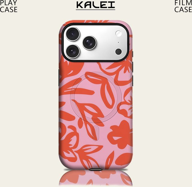 Potdemiel Handyhülle mit Blumenmuster in Rosa und Orange für iPhone 17 16 15 14 13 Pro Max Plus, magnetische robuste Doppel-Schicht-Hülle - Bild 1