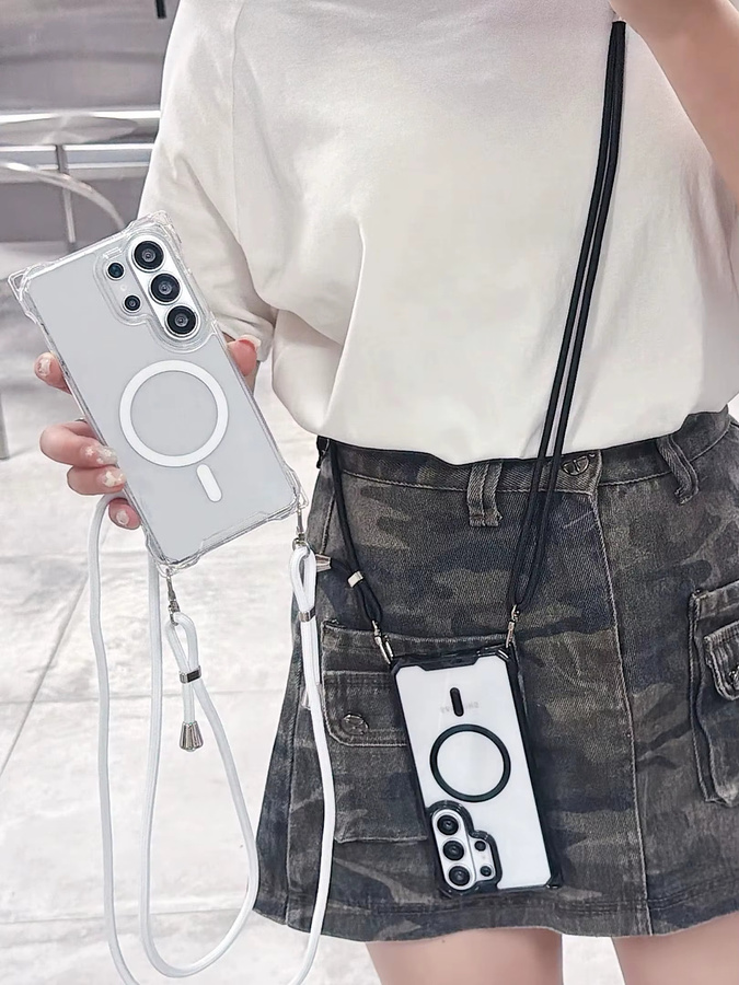 EHUIDE Magnetische Stoßfeste Crossbody-Hülle für Samsung Galaxy S26 Ultra S25 S24 S23 Plus mit Kordel und Vier-Ecken-Schutz, Transparent/Schwarz - Bild 4