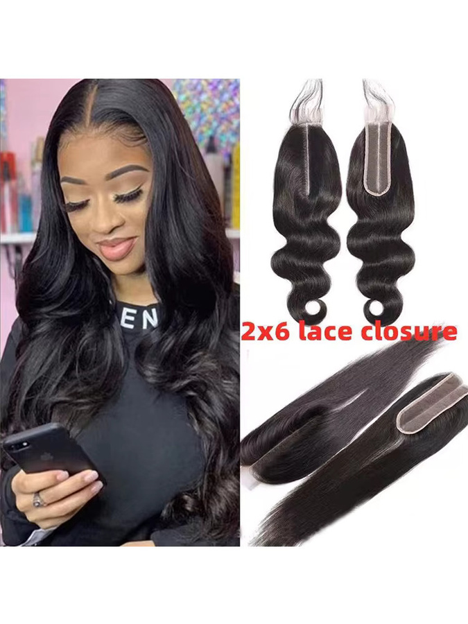 Linhua Body Wave 2x6 Lace Closure, brasilianisches Echthaar, glatt, transparent, natürlich vorgezupft - Bild 5