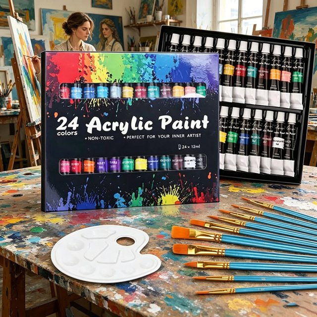 Acrylfarben-Set von kissbuty mit 24 Farben in 12ml Tuben und professionellen Pinseln, Multicolor, ideal für Künstlerzeichnungen und DIY-Kunstprojekte - Bild 1